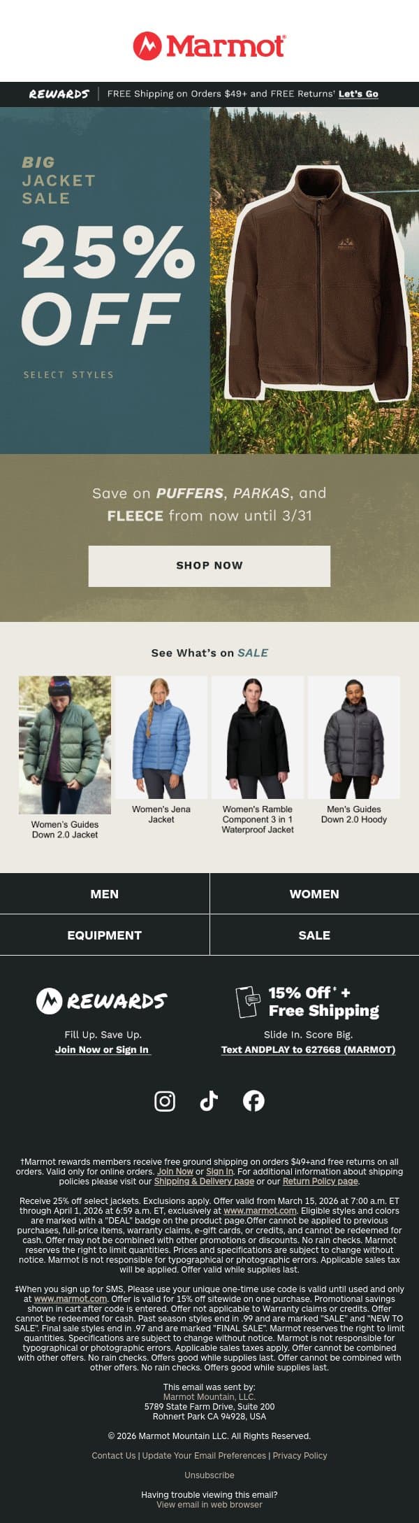 Big Jacket Sale: 25% Off Select Styles email from Marmot screenshot