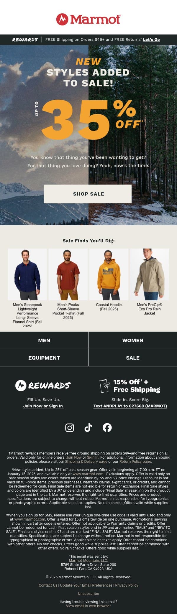 New styles now Up to 35% Off email from Marmot screenshot