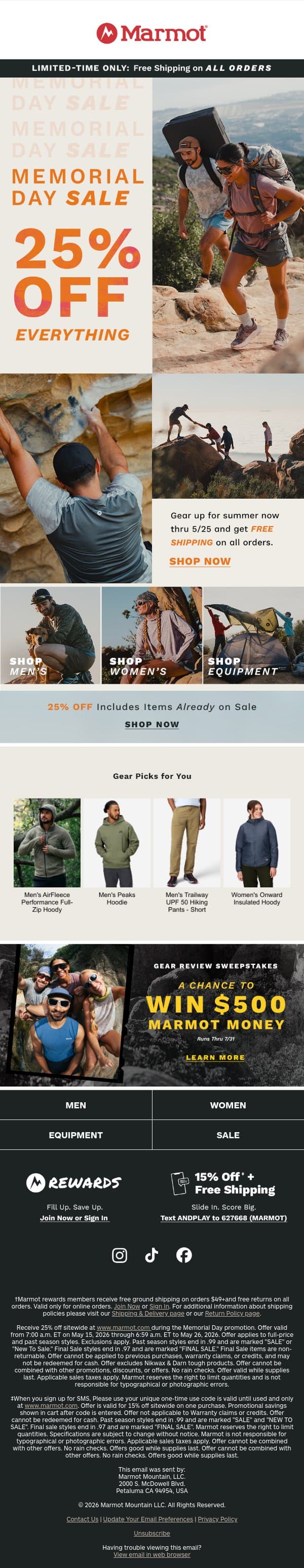 25% Off Memorial Day Sale Starts Now email from Marmot screenshot