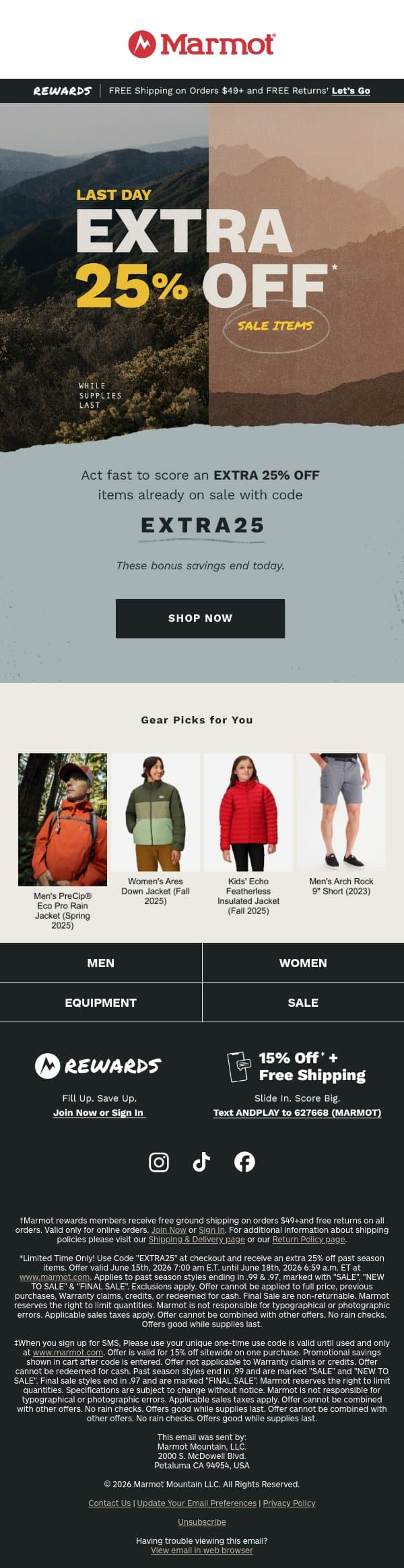 Ending Soon❗ Extra 25% Off Sale Items email from Marmot screenshot