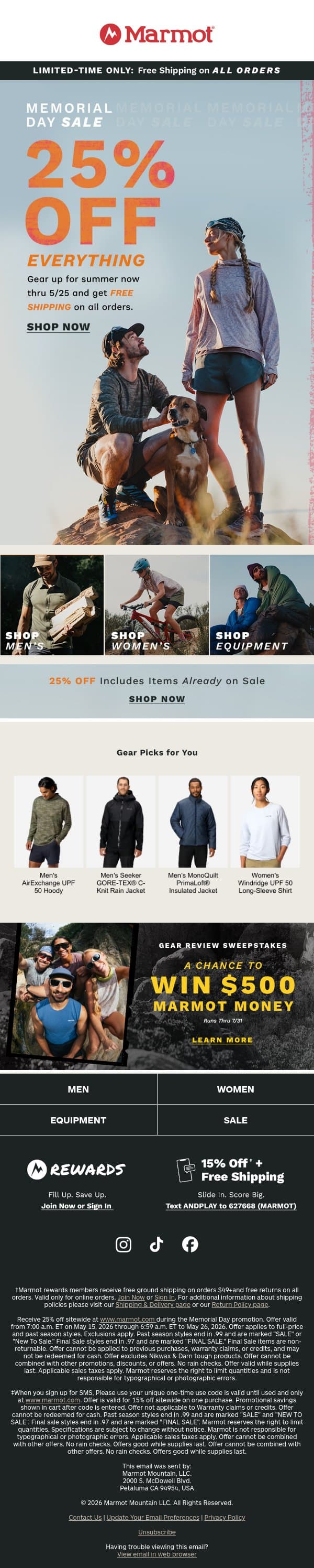 Memorial Day Sale: 25% Off Everything email from Marmot screenshot