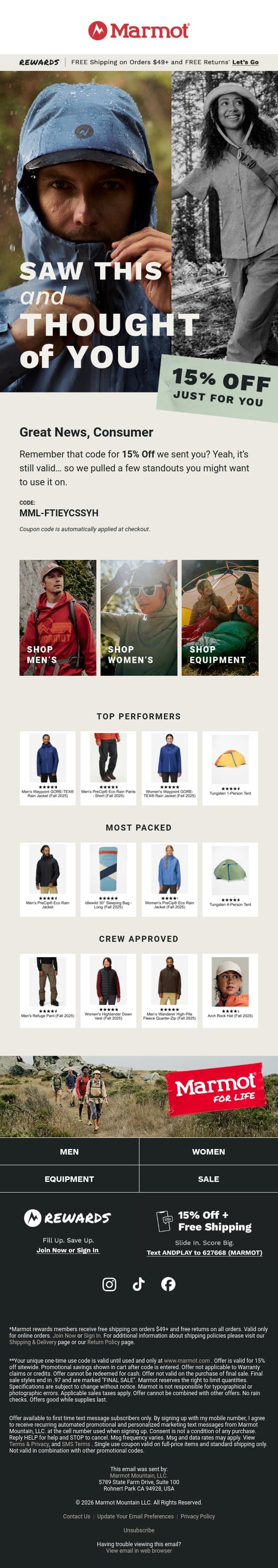 You’ve still got 15% Off 👀 email from Marmot screenshot