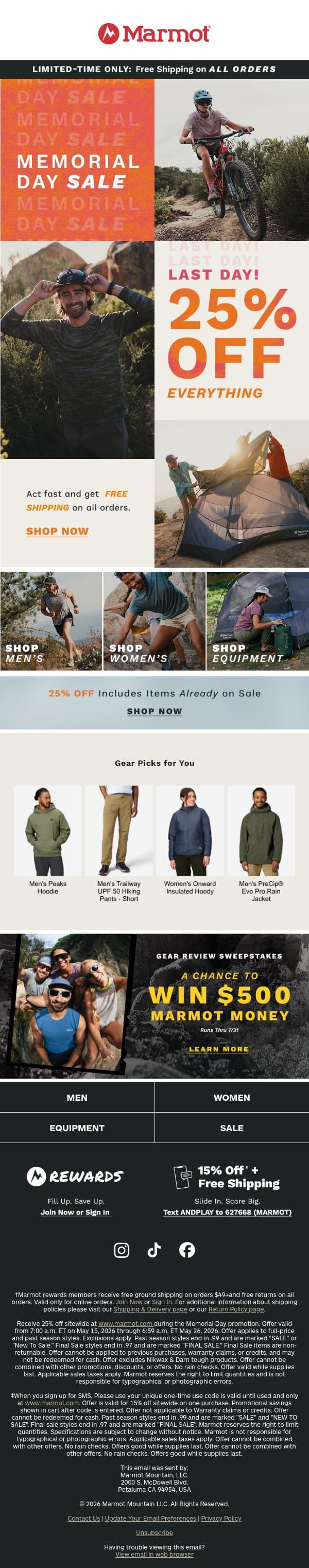 Now or Never: 25% Off Memorial Day Sale Ending email from Marmot screenshot
