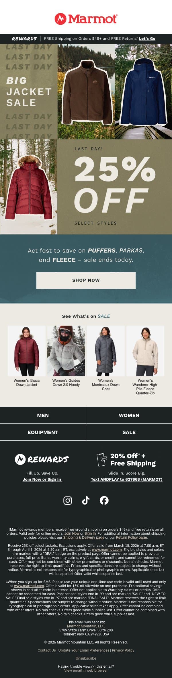 Last Day: 25% Off Best-Selling Jackets email from Marmot screenshot