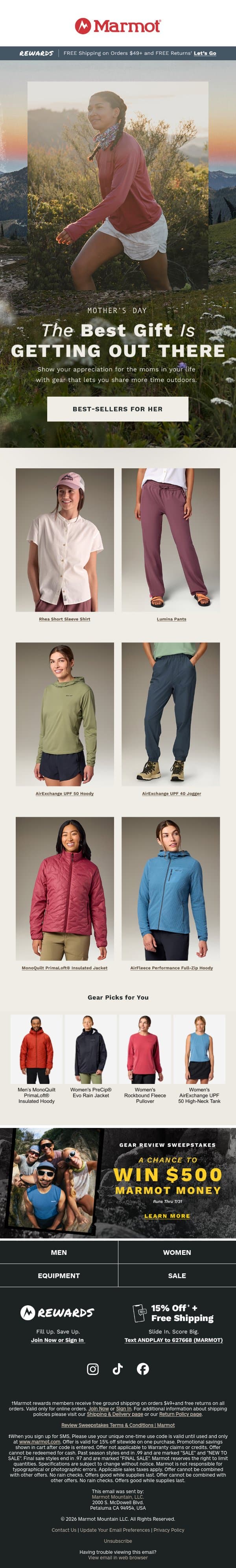 Mother’s Day Gifts for Outdoorsy Moms email from Marmot screenshot