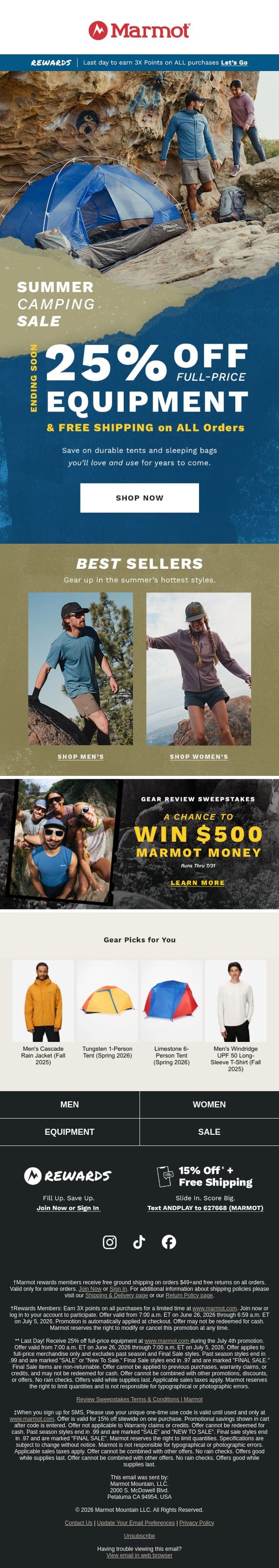 Ending Soon: 25% Off Camping Equipment email from Marmot screenshot
