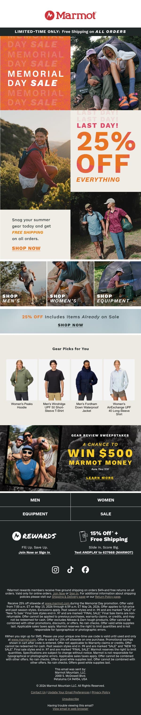 Last Day: 25% Off Memorial Day Sale email from Marmot screenshot