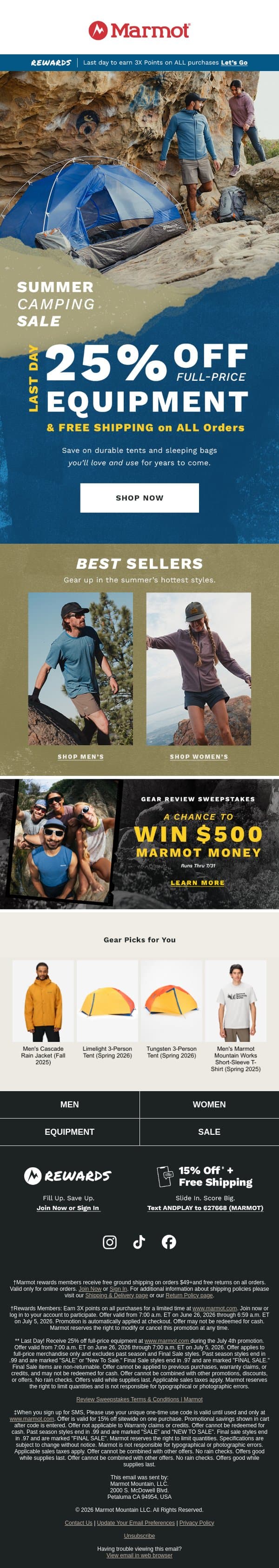 Last Day: 25% Off Camping Equipment email from Marmot screenshot