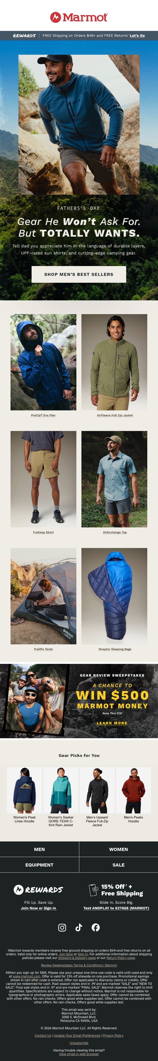 Outdoor Gifts for Dad's Big Day email from Marmot screenshot