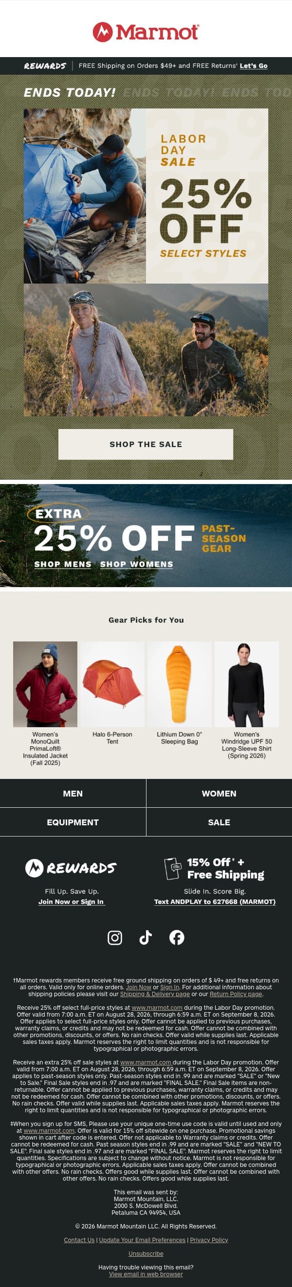 25% Off Select Styles + Extra 25% Past-Season Gear: Last Call email from Marmot screenshot