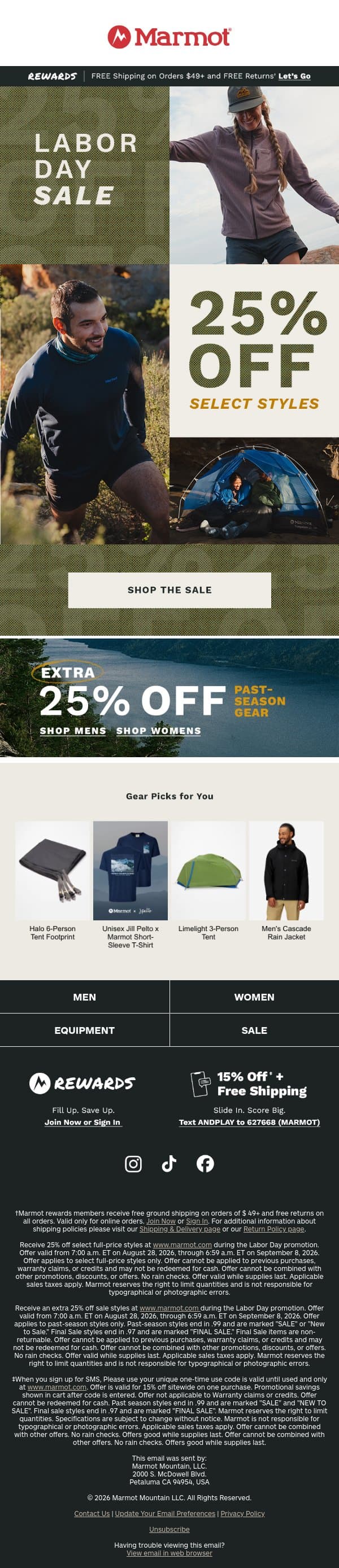 Labor Day Sale: 25% Off Select Styles Starts Right Now email from Marmot screenshot