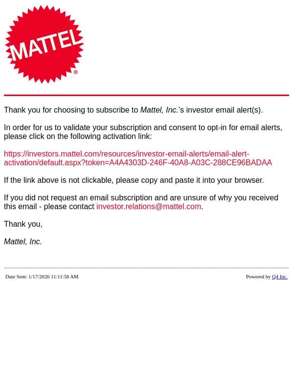 Mattel, Inc. Website - Validate Account email from Mattel screenshot