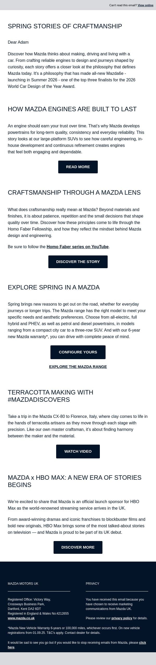 Your Mazda Spring Edition: engine design & craftsmanship email from Mazda screenshot