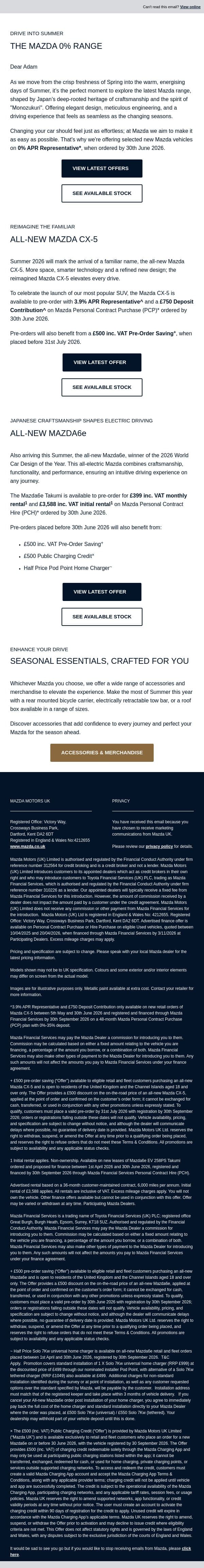 Drive into Summer with the Mazda 0% Range email from Mazda screenshot