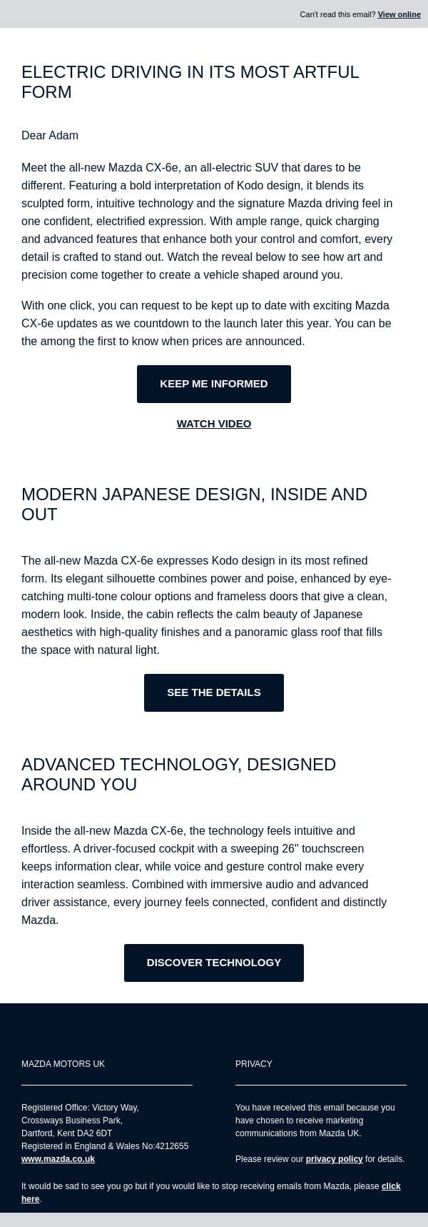All-new Mazda CX-6e revealed in this video email from Mazda screenshot