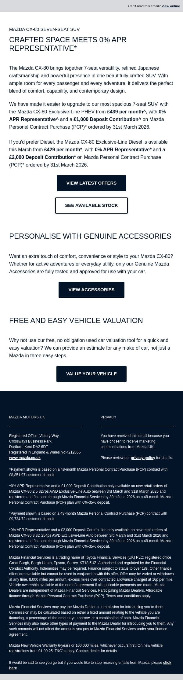 Mazda CX-80 with 0% APR Representative*, big adventures start here. email from Mazda screenshot