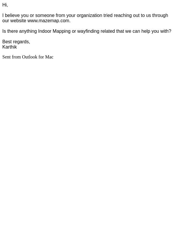 MazeMap Enquiry email from Mazemap screenshot