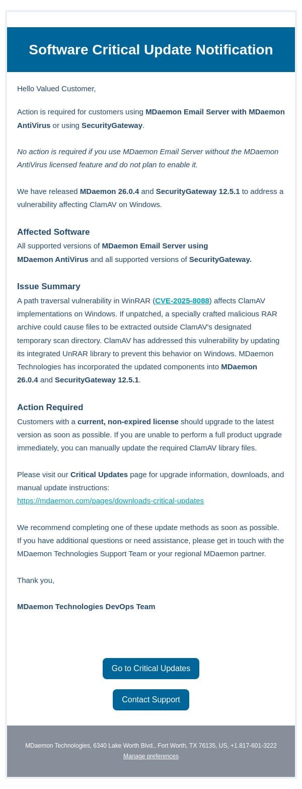 ⚠️ Action Required: Critical Update for MDaemon AntiVirus and SecurityGateway email from MDaemon screenshot