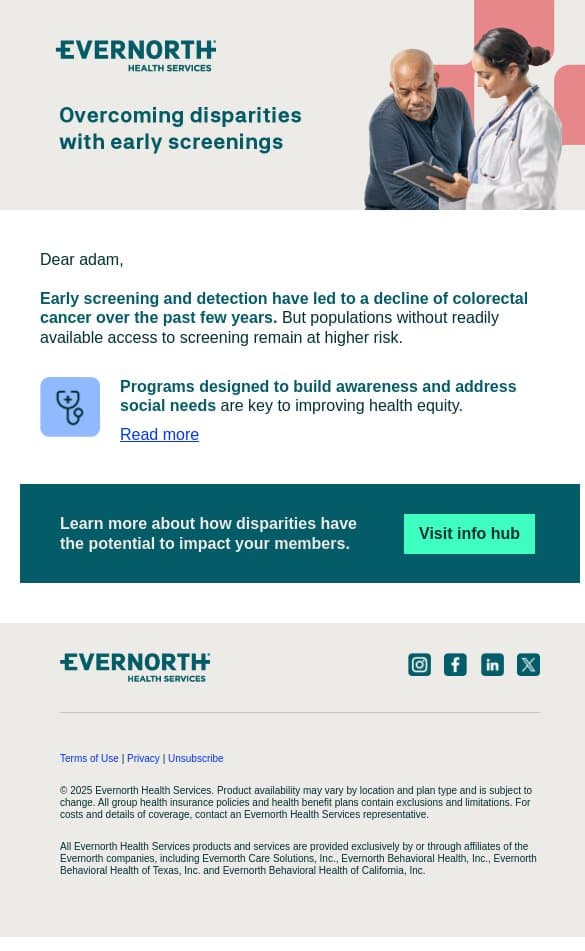 Improving access to cancer screenings email from MDLIVE screenshot