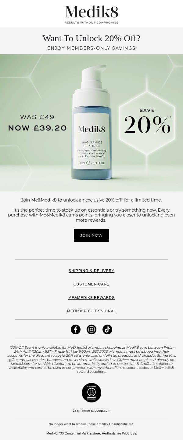 Want to unlock 20% off? email from Medik8 screenshot