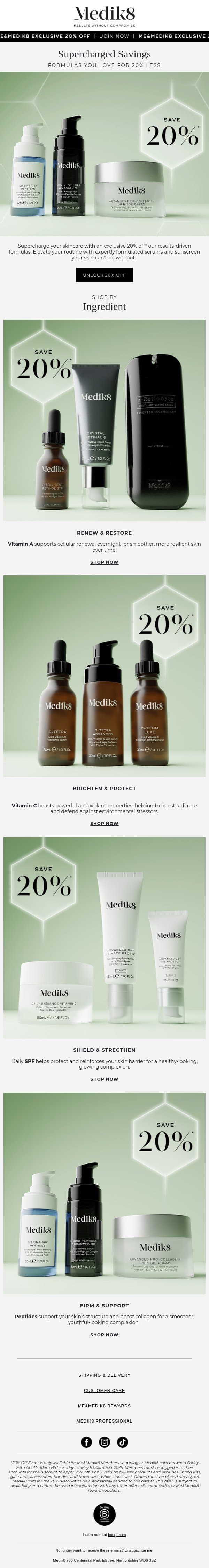 Unlock 20% off powerhouse formulas email from Medik8 screenshot