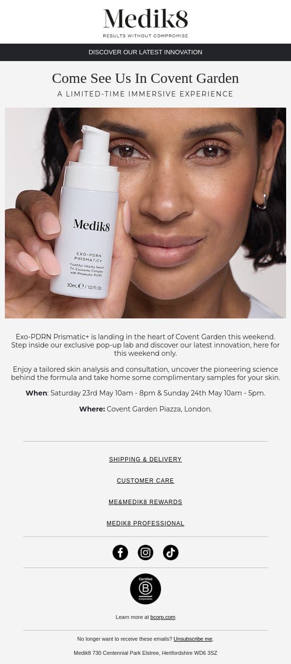 Come see us in Covent Garden this weekend email from Medik8 screenshot