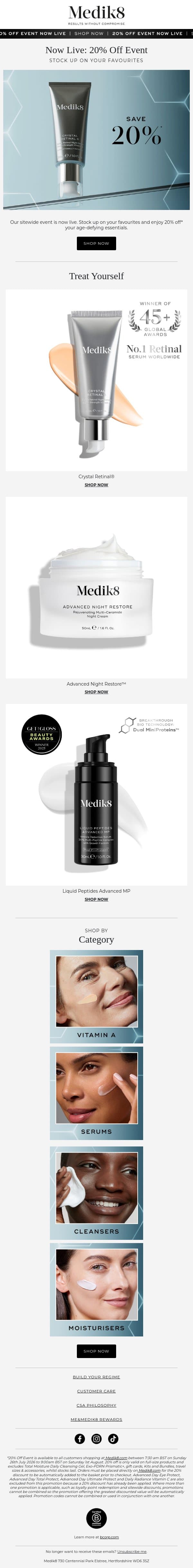 20% off is here email from Medik8 screenshot