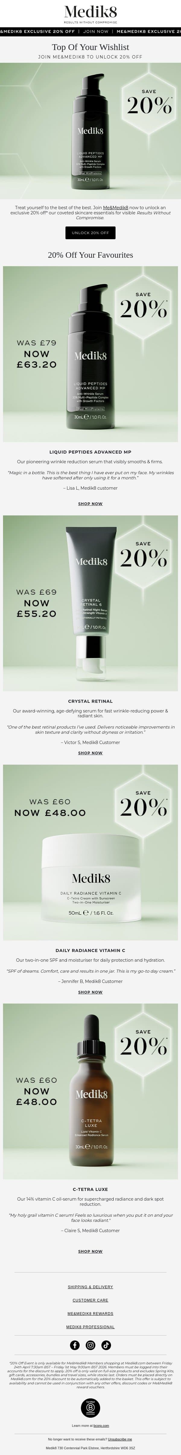 Don’t miss 20% off bestsellers email from Medik8 screenshot