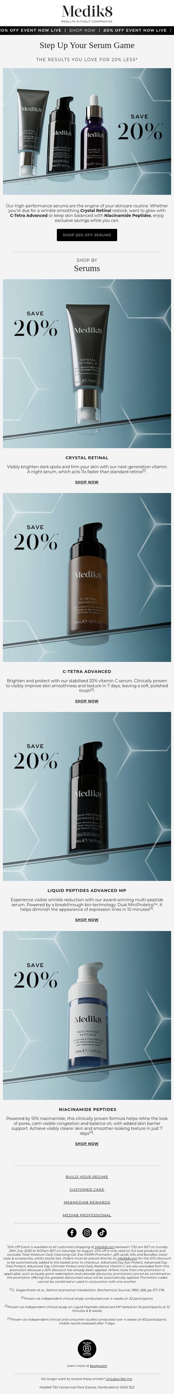 20% off skin-transforming serums email from Medik8 screenshot