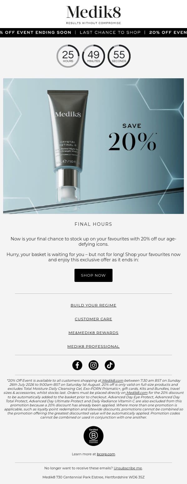 Final hours | 20% off ends soon email from Medik8 screenshot