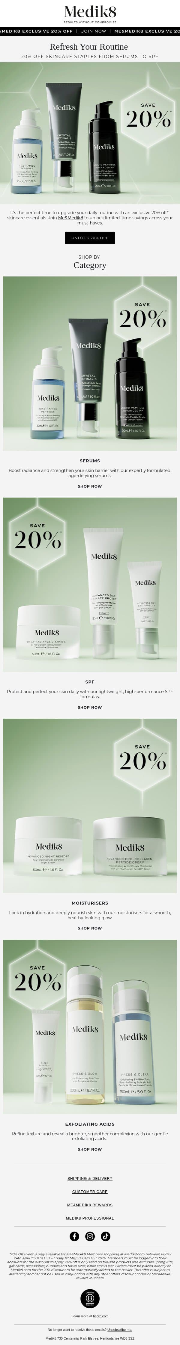 Want 20% off everything from serums to SPF? email from Medik8 screenshot