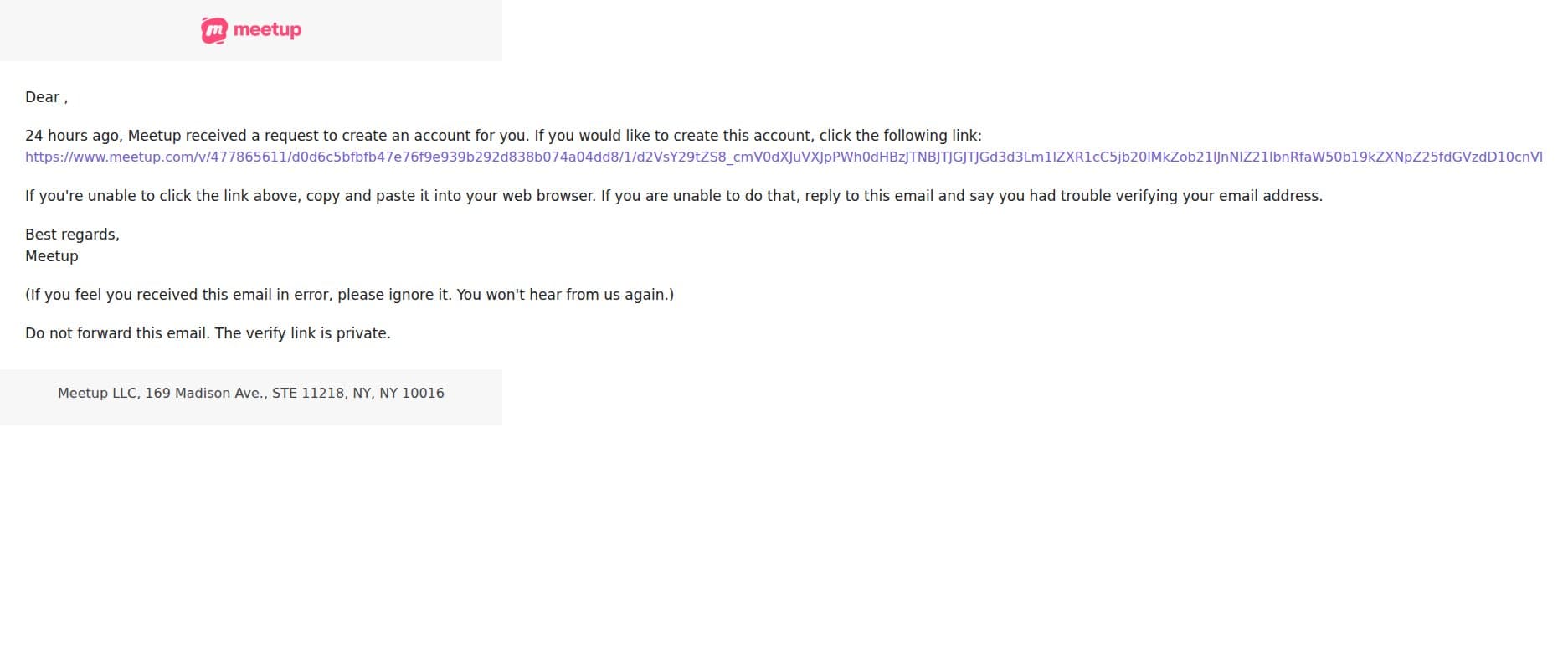 Verify your Meetup account [v:477865611] email from Meetup screenshot