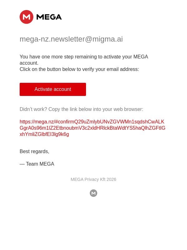 MEGA email verification required email from Mega screenshot