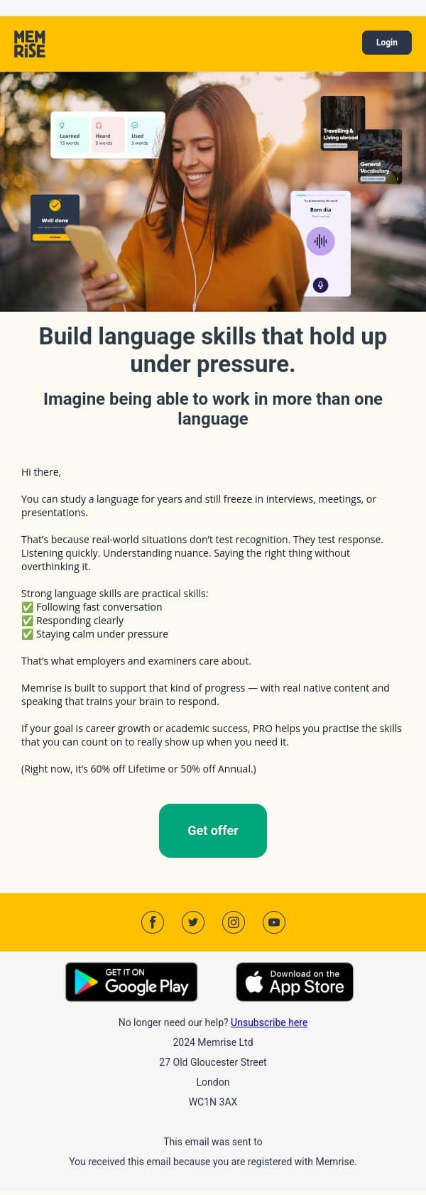 Work conversations in another language email from Memrise screenshot