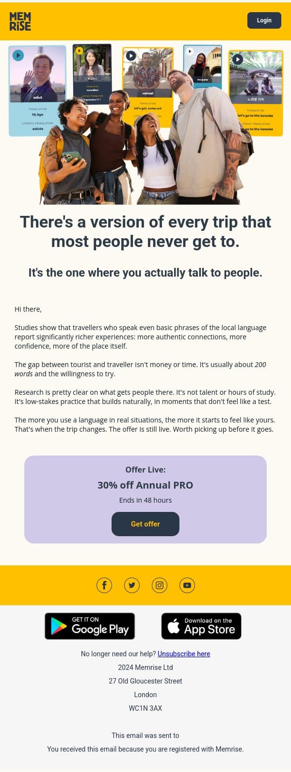 The tourists were there. The travellers were somewhere else. email from Memrise screenshot