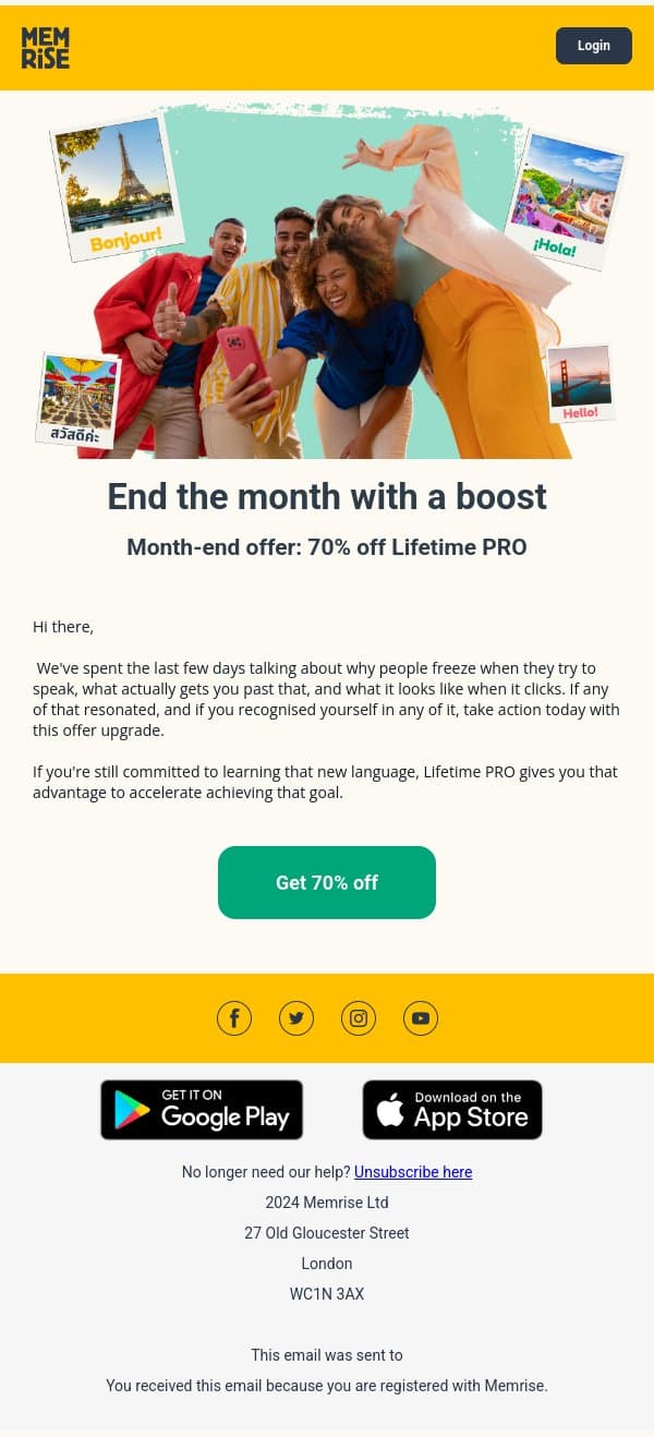 Last chance: 70% off Lifetime PRO email from Memrise screenshot