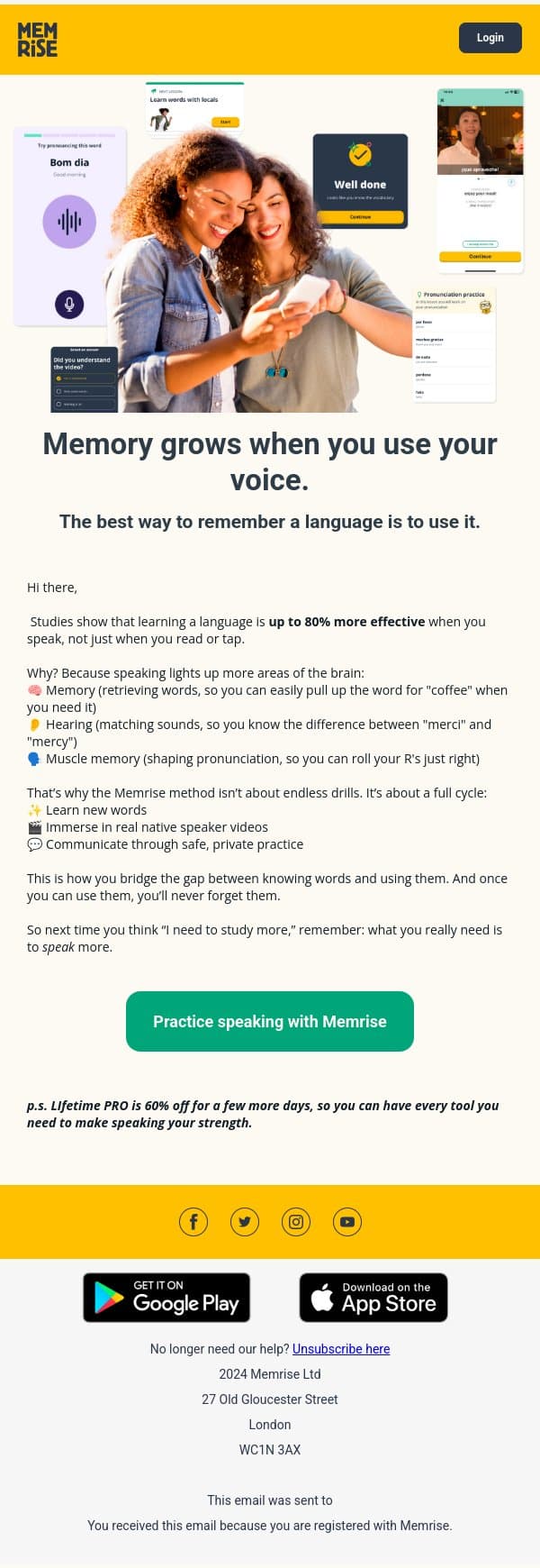 Here's why speaking works email from Memrise screenshot