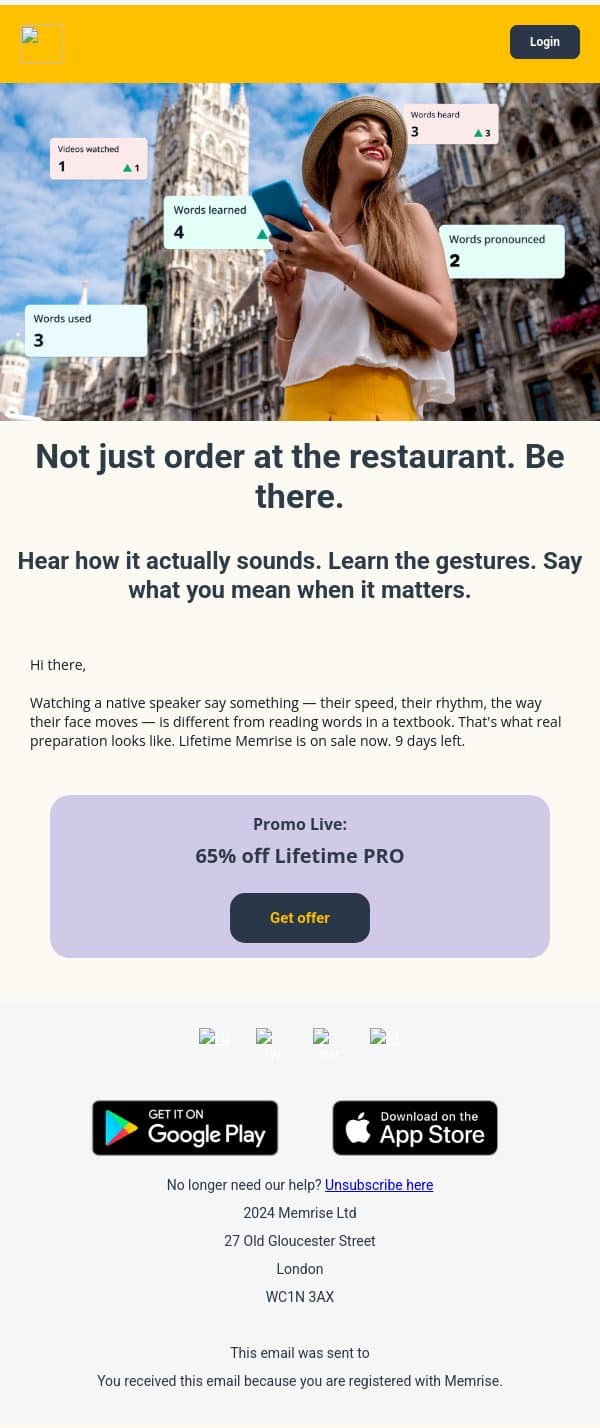 Lifetime Memrise on sale. 9 days left. email from Memrise screenshot