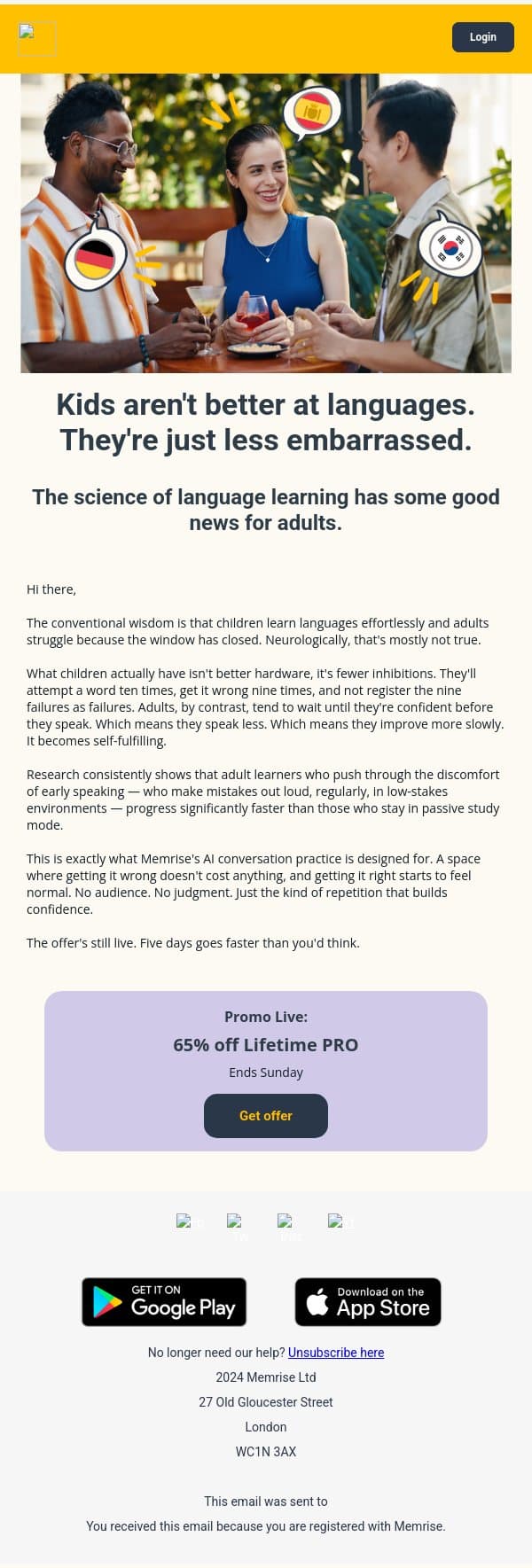 Why children learn languages faster (and what adults get wrong about it) email from Memrise screenshot