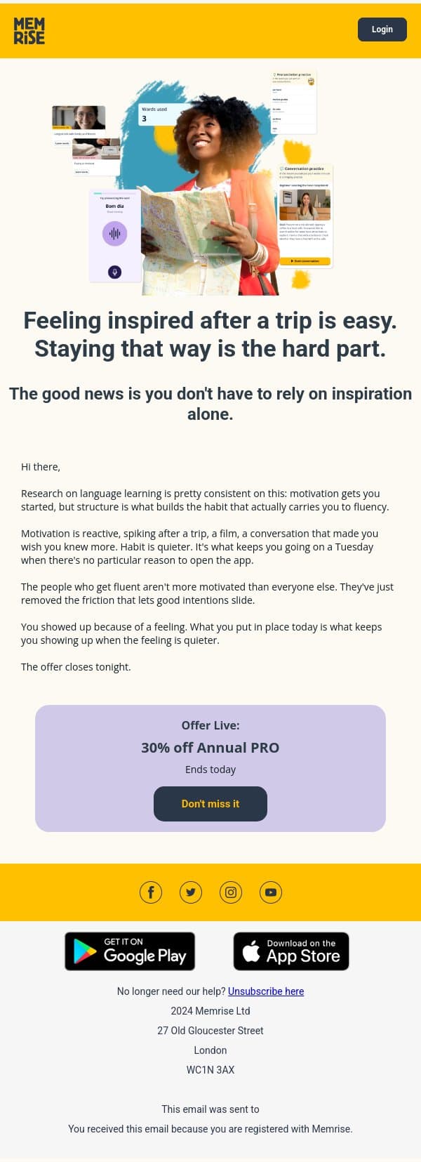Motivation got you here. Habit keeps you going. email from Memrise screenshot