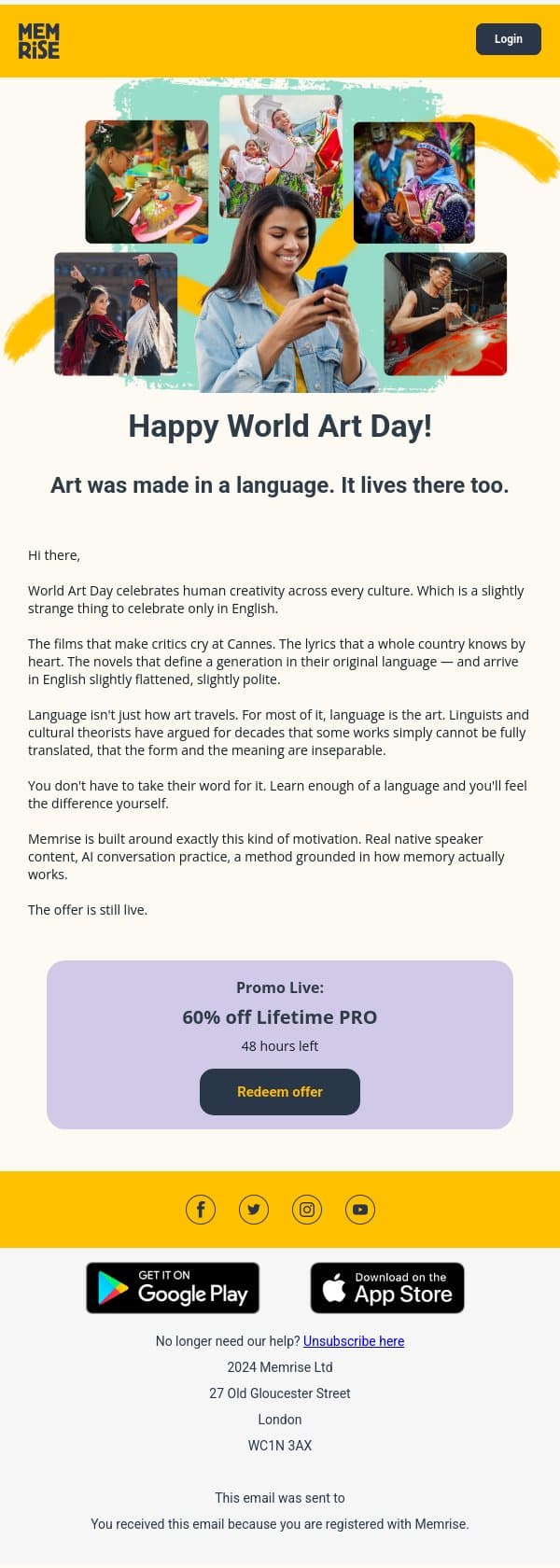 Happy World Art Day: 60% off Lifetime PRO. email from Memrise screenshot