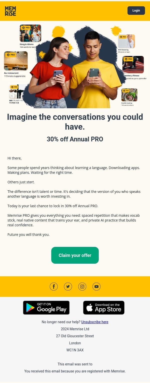 30% off Annual PRO ends tonight email from Memrise screenshot