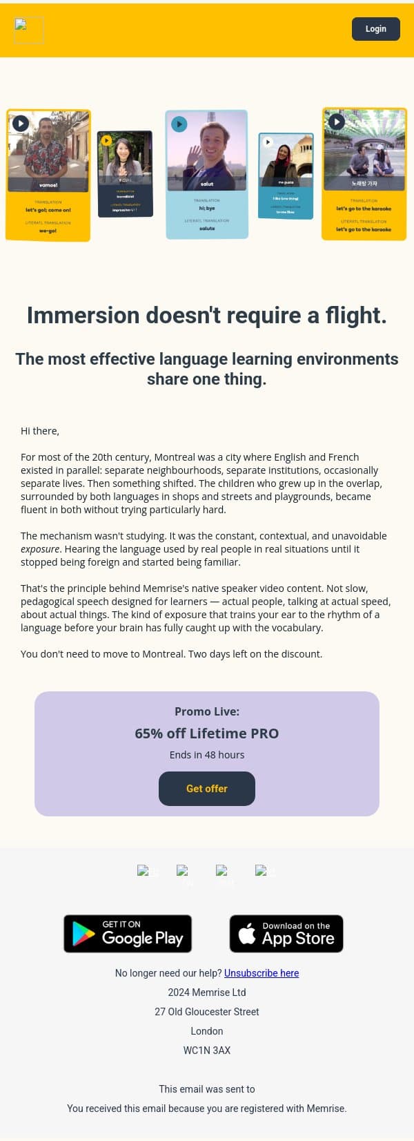 The city that made everyone bilingual by accident email from Memrise screenshot