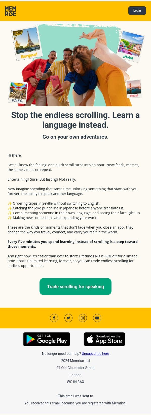 Trade screen time for something unforgettable email from Memrise screenshot