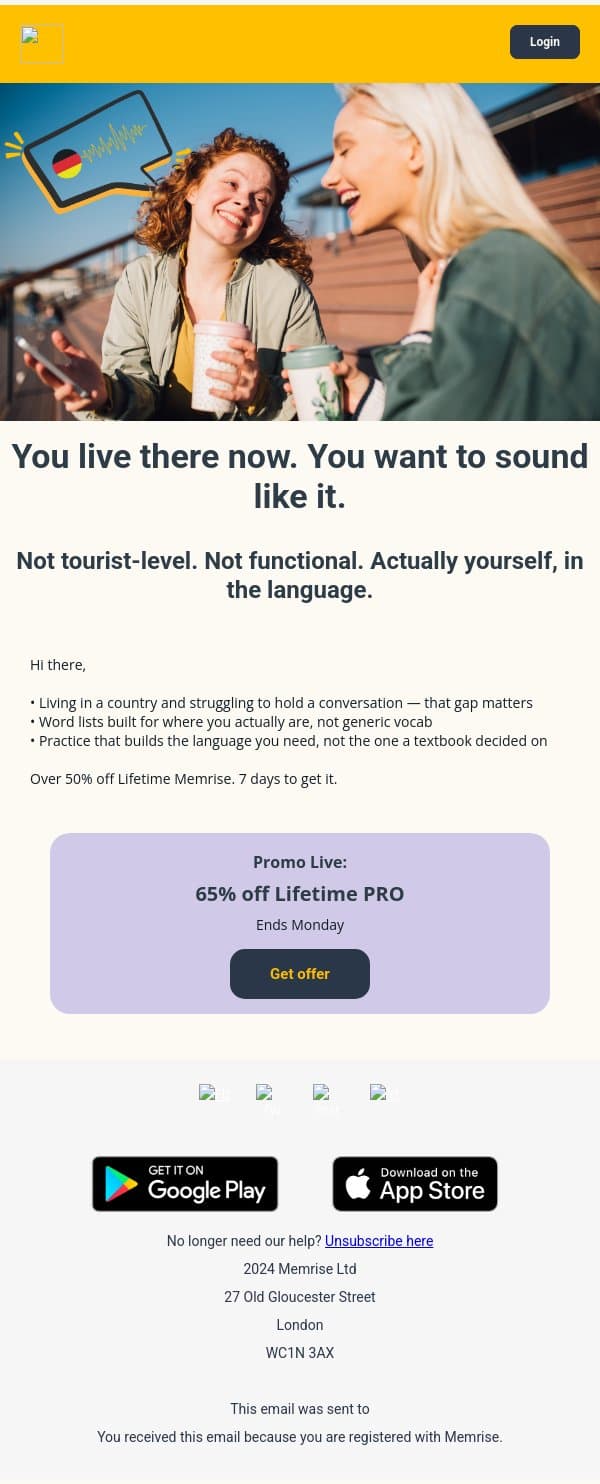 Over 50% off Lifetime. 7 days left. email from Memrise screenshot