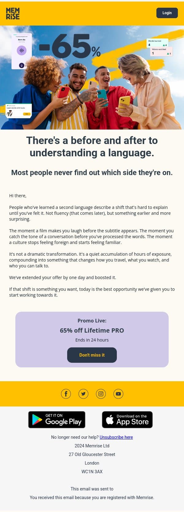Turn off your subtitles. Experience the change. email from Memrise screenshot