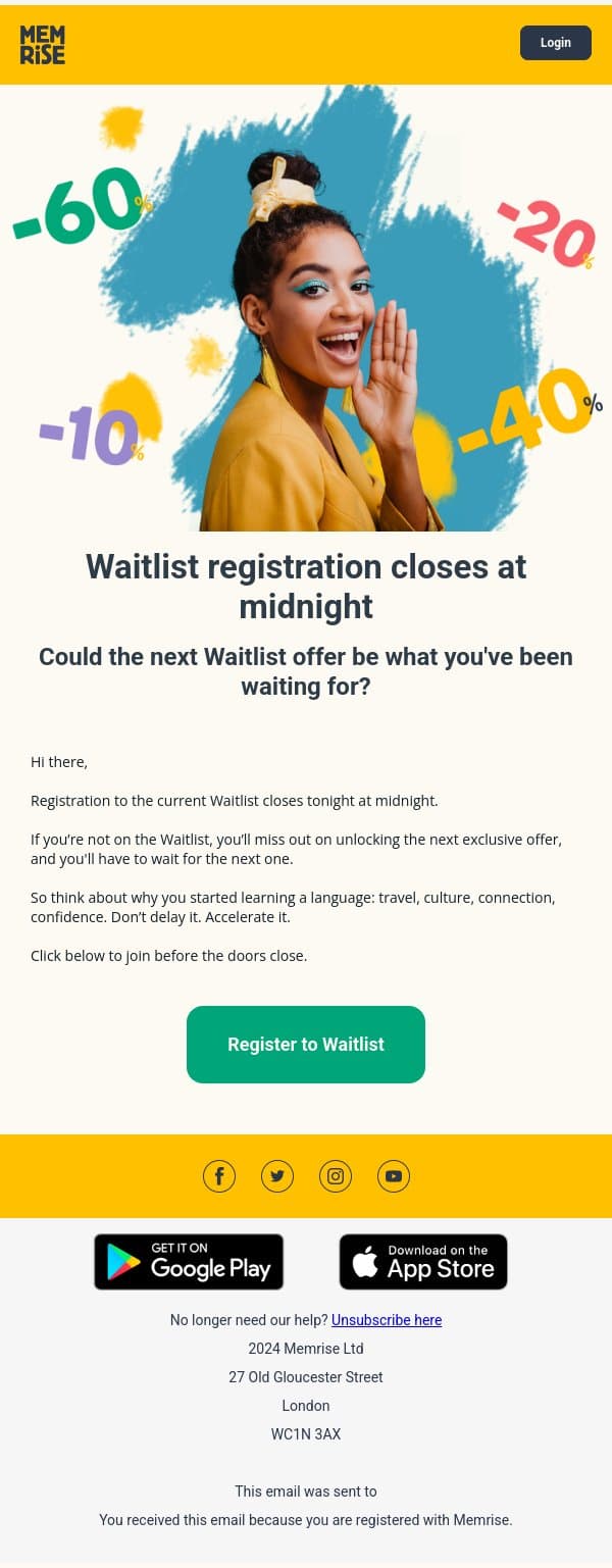 Reminder: Waitlist closes tonight email from Memrise screenshot