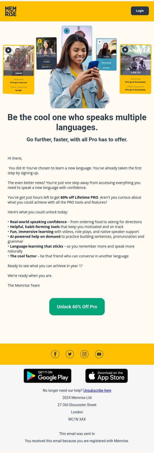 Final Call: 60% Off Pro Ends Soon email from Memrise screenshot