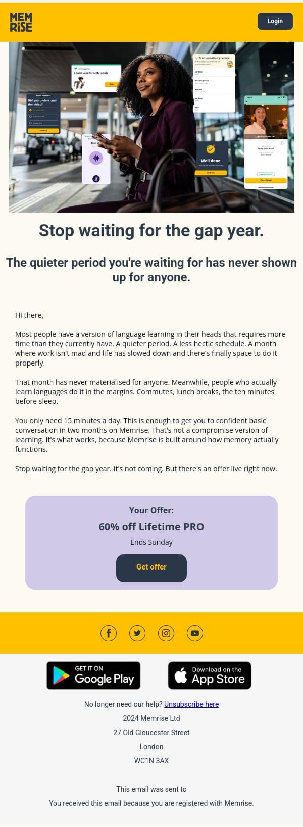 The perfect time to start learning a language doesn't exist. email from Memrise screenshot