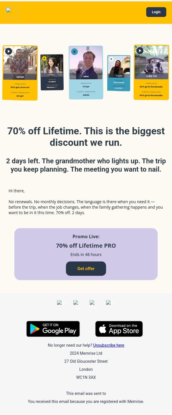 We just upgraded the discount. 70% off Lifetime. email from Memrise screenshot